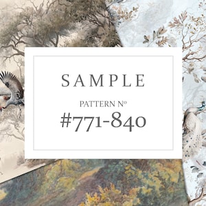 May include: A sample of wallpaper featuring a nature-themed design. The design includes illustrations of trees, birds, and landscapes in muted tones. The text "SAMPLE" and "PATTERN No #771-840" are displayed in a white rectangle.