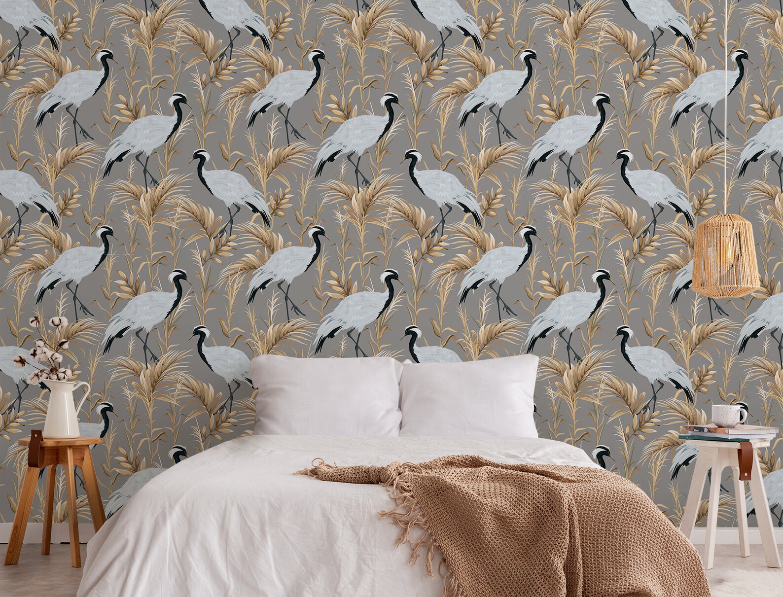 Cranes Wallpaper Mural With Floral Elements Peel and Stick - Etsy