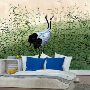 Crane wall mural, self adhesive wallpaper, japanese wall art, hand painted retro wallpaper, removable peel and stick wallpaper #43