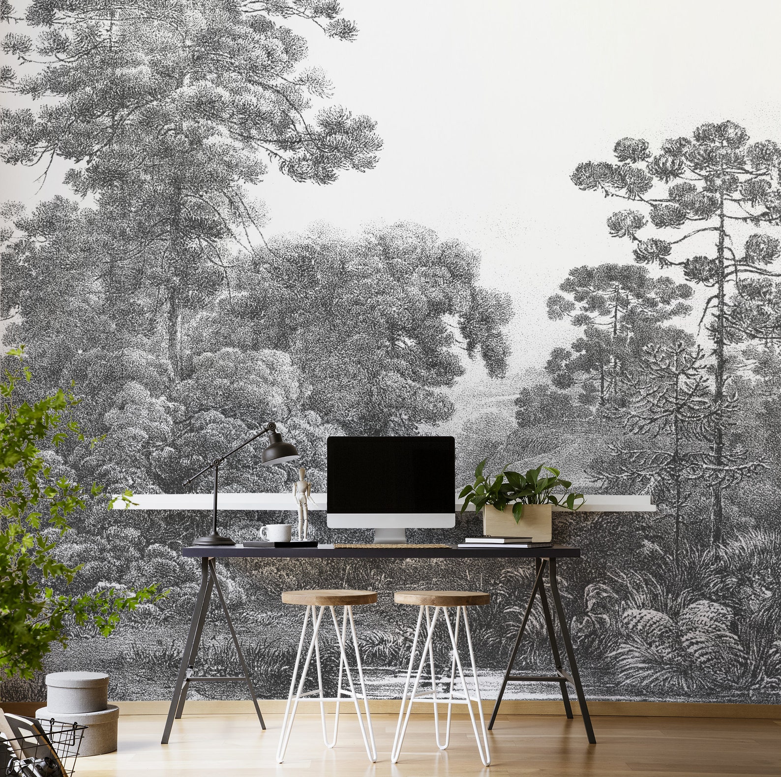Black and White Scenic Wall Mural With a Forest and a Lake Etsy