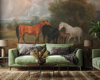 Vintage scenic wallpaper, landscape with horses, vintage art wallpaper, self adhesive, peel and stick, removable or regular wallpaper #752