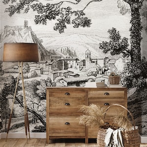 Vintage city landscape wallpaper, self adhesive, peel and stick wallpaper, wall decor, removable peel and stick wallpaper #437