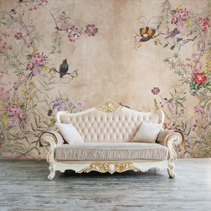 Carta da parati da giardino vintage, carta da parati murale con uccelli e fiori, autoadesiva, murale a buccia e bastone, carta da parati rimovibile o tradizionale #563