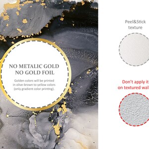 Puede incluir: Una impresi&oacute;n de arte abstracto en negro y dorado con el texto "NO METALLIC GOLD NO GOLD FOIL" y "Golden colors will be printed in olive-brown to yellow colors (only gradient color printing)." La imagen tambi&eacute;n muestra dos ejemplos de texturas de pared, una lisa y otra texturizada, con el texto "Peel&Stick texture" y "&iexcl;No lo aplique en paredes texturizadas!"