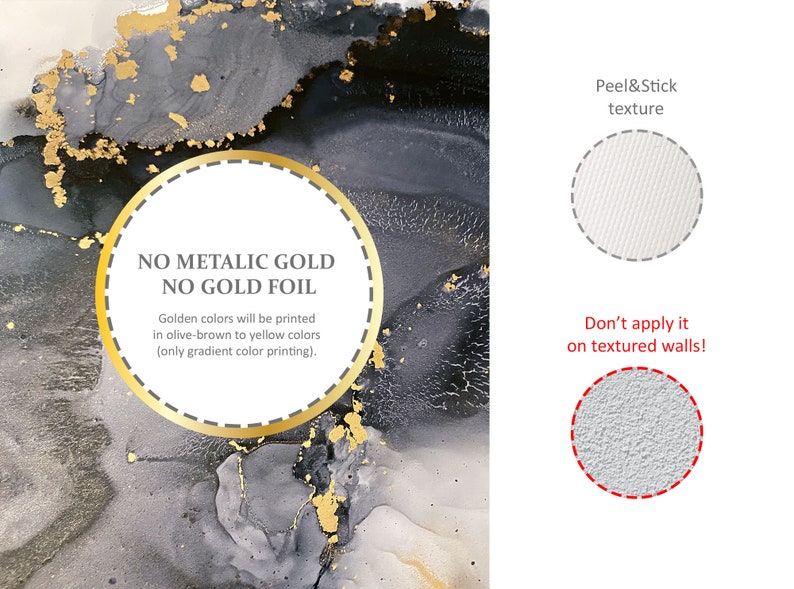 Puede incluir: Una impresi&oacute;n de arte abstracto en negro y dorado con el texto "NO METALLIC GOLD NO GOLD FOIL" y "Golden colors will be printed in olive-brown to yellow colors (only gradient color printing)." La imagen tambi&eacute;n muestra dos ejemplos de texturas de pared, una lisa y otra texturizada, con el texto "Peel&Stick texture" y "&iexcl;No lo aplique en paredes texturizadas!"