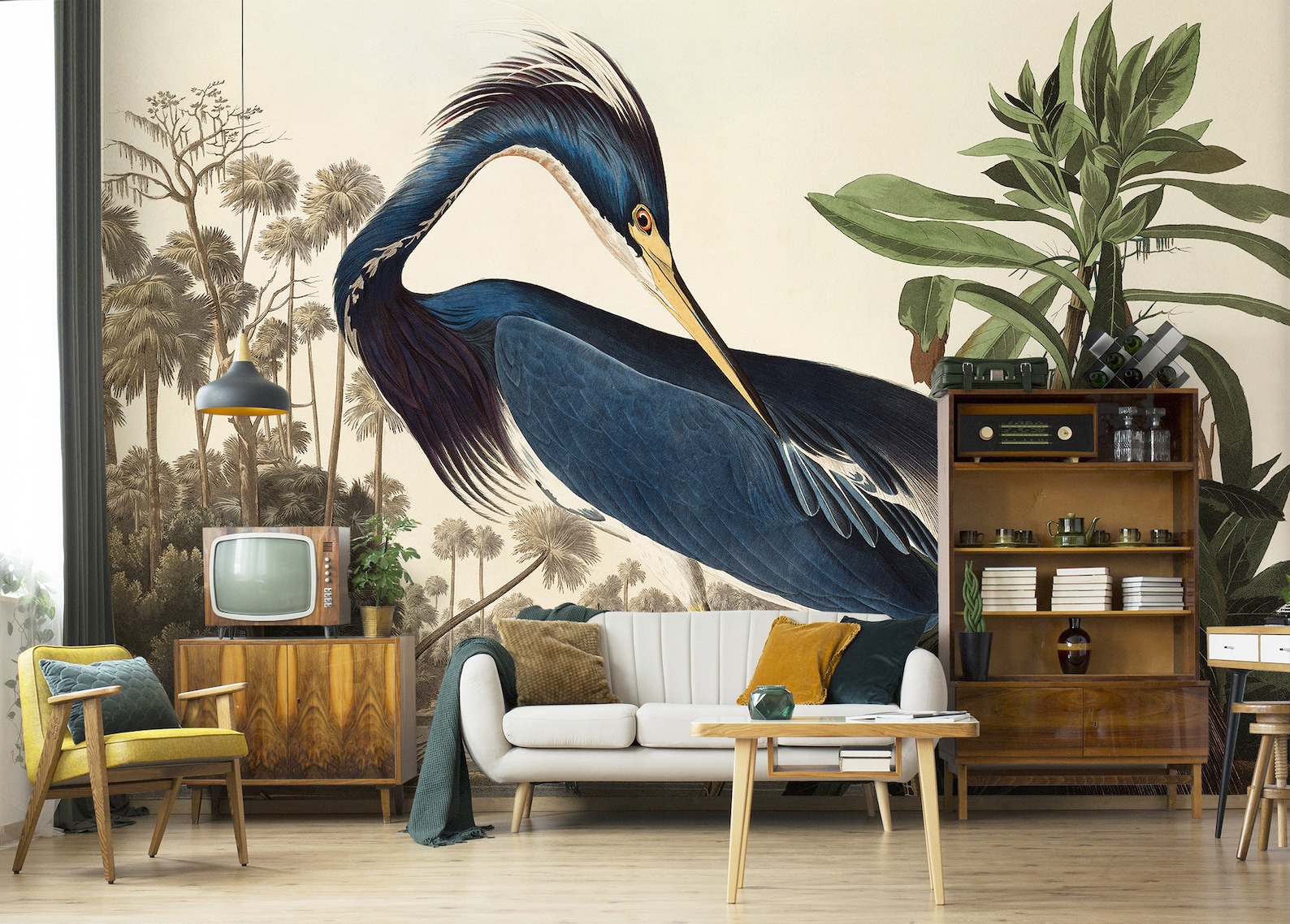 Blue Heron Wallpaper Mural, Peel and Stick, Vintage Removable Wallpaper