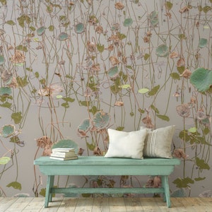 Lotus flower garden wallpaper, lake wallpaper, vintage art wallpaper,self adhesive, peel and stick, removable or regular wallpaper #785