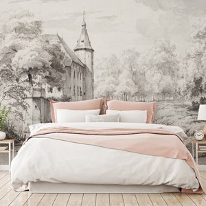 Painted landscape with a castle wallpaper, scenic wall mural, peel and stick, self adhesive or regular wallpaper #685