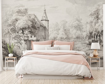 Painted landscape with a castle wallpaper, scenic wall mural, peel and stick, self adhesive or regular wallpaper #685
