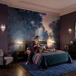 May include: A bedroom featuring a large wall mural of an impressionist landscape in shades of blue and purple, a dark wood bed frame with a teal velvet duvet, a matching armchair, two gold table lamps, and two gold wall sconces with glass tiers.