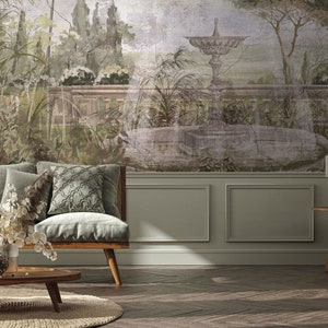 Fountain landscape wall mural, vintage wallpaper, self adhesive, peel and stick mural, removable or traditional wallpaper #571