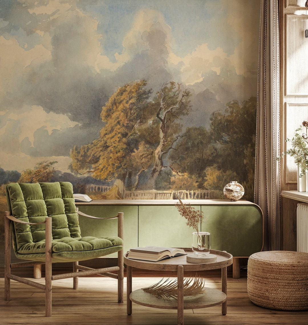 Idyllic Nature Landscape, Vintage Scenic Wall Mural, Wallpaper, Peel ...