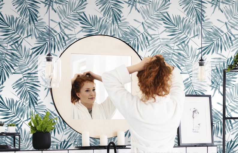 Blue Palm Leaf Retro Wallpaper Peel and Stick Wall Mural Etsy