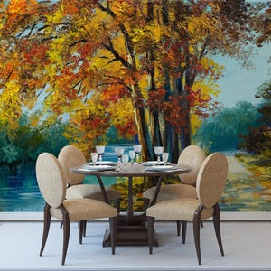 Carta da parati autunnale con paesaggio, decorazione murale con arte forestale, arte murale, carta da parati personalizzata, stacca e attacca, carta da parati autoadesiva o normale #880