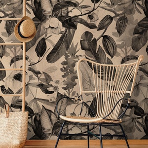 Removable wallpaper with tropical plants, self adhesive vintage wallpaper, wall mural, temporary peel and stick wallpaper, wall decor #54