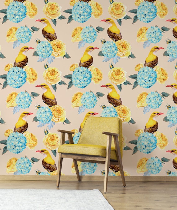 Yellow Birds Removable Wallpaper Vintage Wallpaper Floral | Etsy
