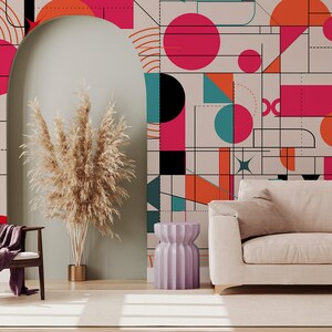 Geometric abstract wall mural, vintage wallpaper, peel and stick, self adhesive or regular wallpaper #732o