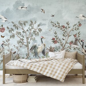 Vintage chinoiserie wallpaper, birds and flowers wall mural, self adhesive, peel and stick mural, removable or traditional wallpaper #564