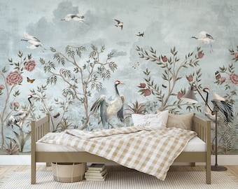 Vintage chinoiserie wallpaper, birds and flowers wall mural, self adhesive, peel and stick mural, removable or traditional wallpaper #564