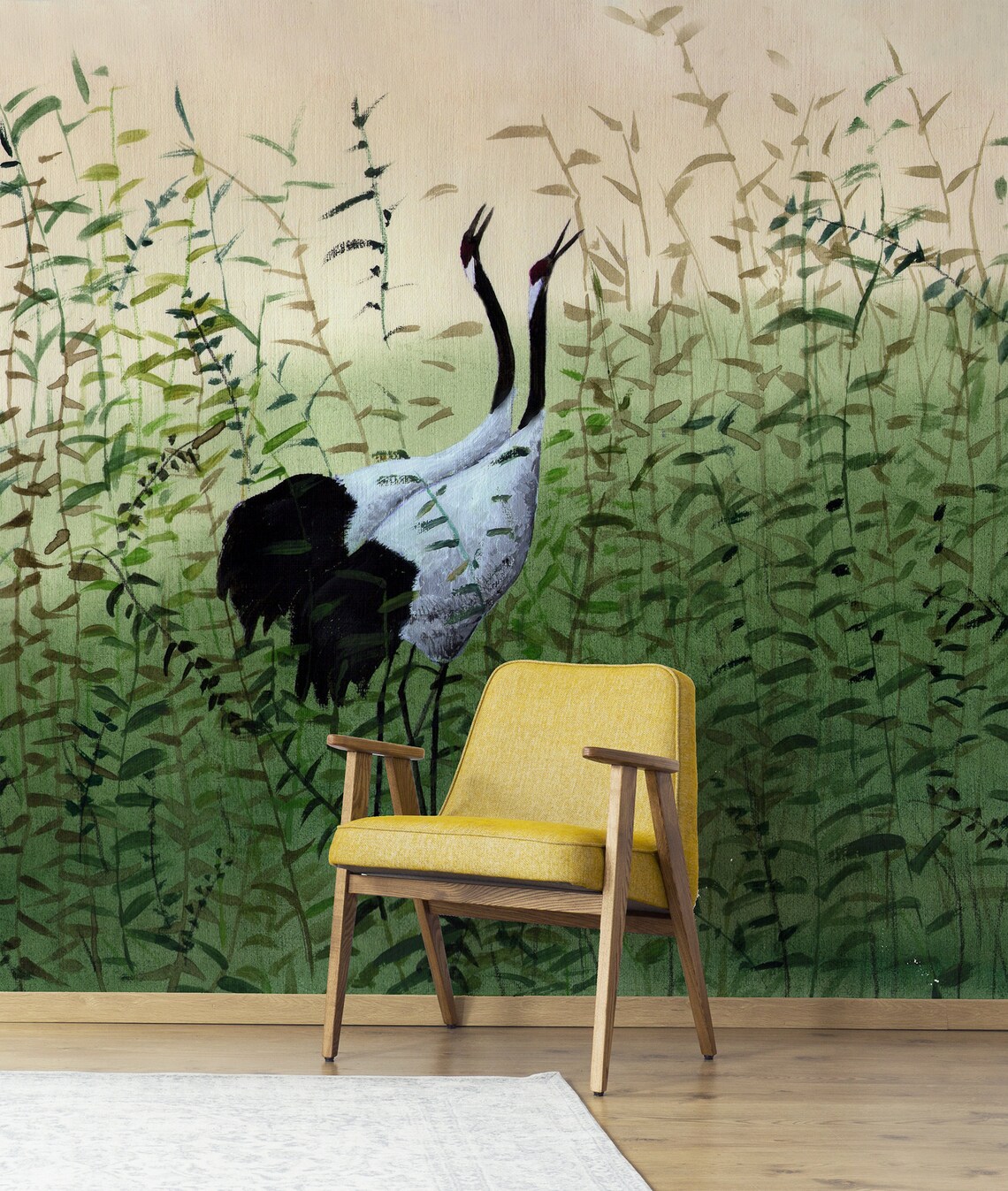 Crane Wall Mural Self Adhesive Wallpaper Japanese Wall Art Etsy