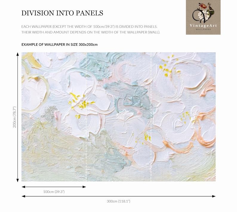 Pastellfarbenes Blumenwandbild, Tapete mit gemalten Blumen, botanische Acryl-Wandkunst, selbstklebend oder traditionelle Vinyltapete #285 Bild 5