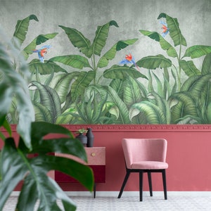 Retro wall mural with parrots and banana leaves, vintage, removable, self adhesive, peel and stick wallpaper, bird wall decor #352