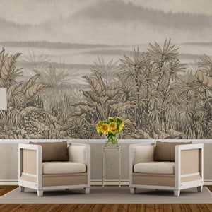 Landscape wallpaper, tropical plants wall mural, scenic vintage wall mural, peel and stick, self adhesive or regular wallpaper #630