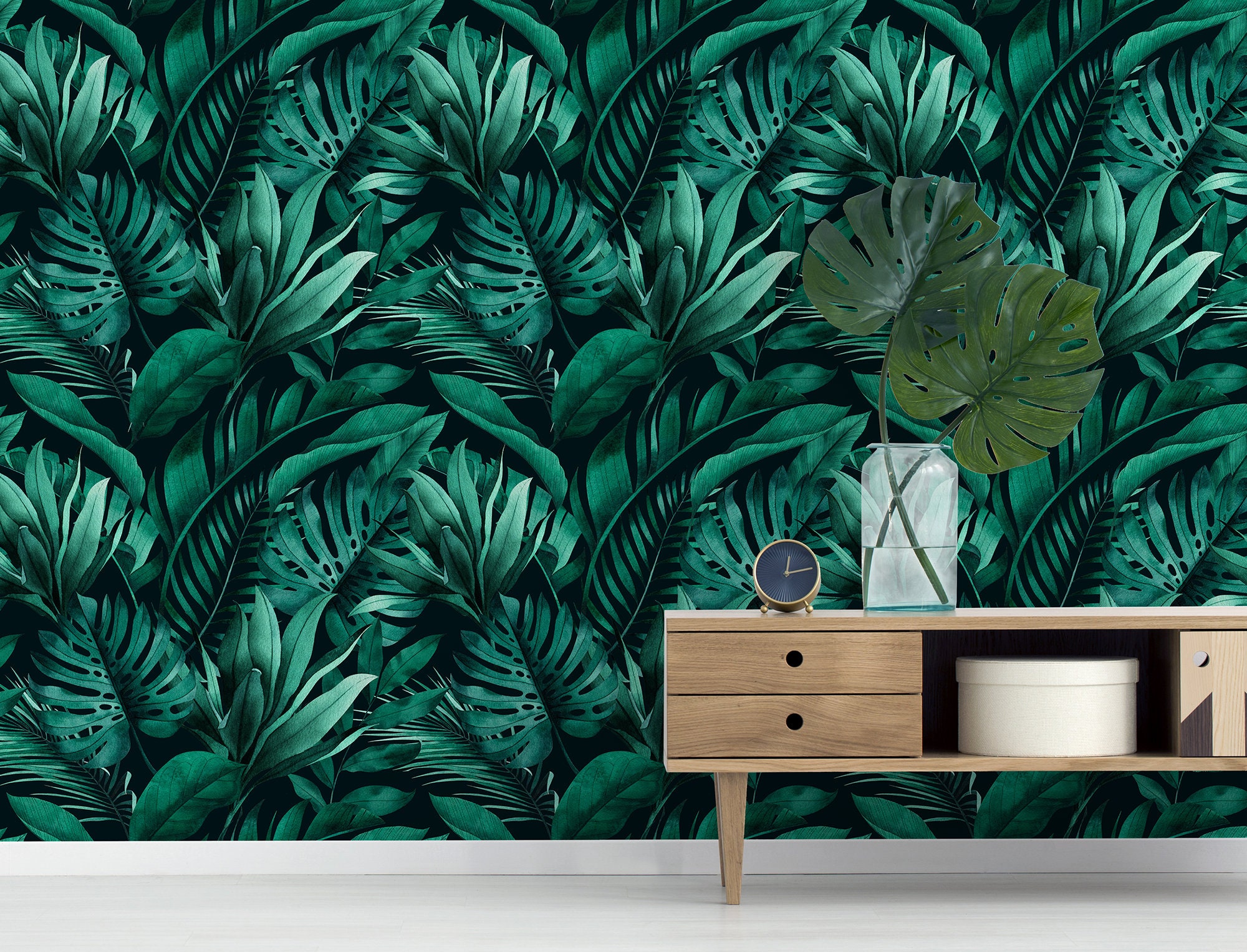 Dark Green Leaf Retro Wallpaper Peel and Stick Wall Mural - Etsy