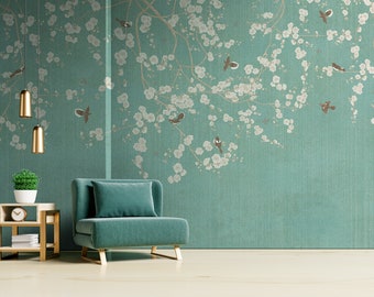 Birds and blooming trees, vintage art wallpaper,self adhesive, peel and stick, removable or regular wallpaper #784