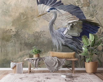 Vintage bird botanical wallpaper, vintage wall decor, wall art, custom wallpaper, peel and stick, self adhesive or regular wallpaper #875