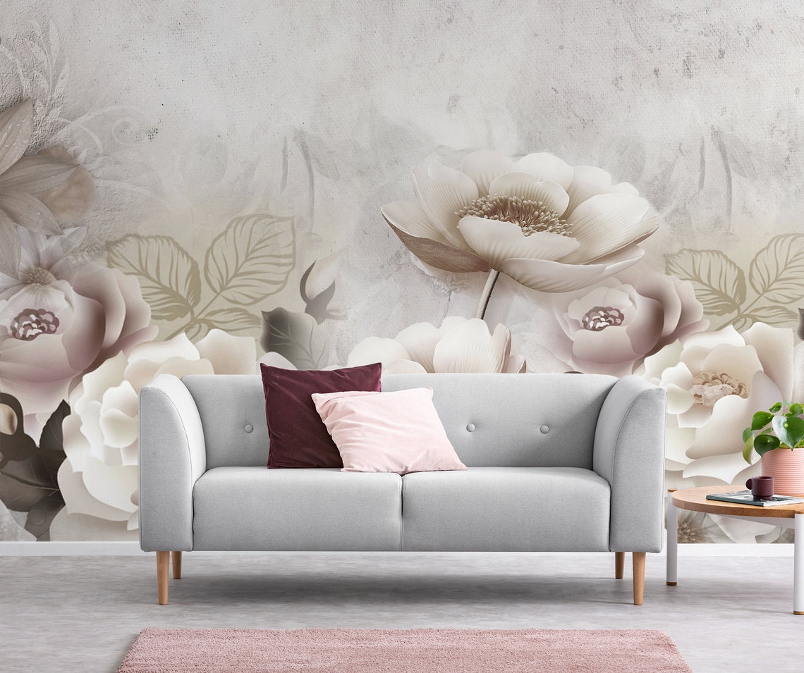 Beige floral wall mural peel and stick wallpaper vintage | Etsy