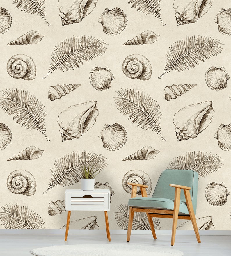 Vintage Wallpaper With Shells Peel and Stick Wall Mural Etsy