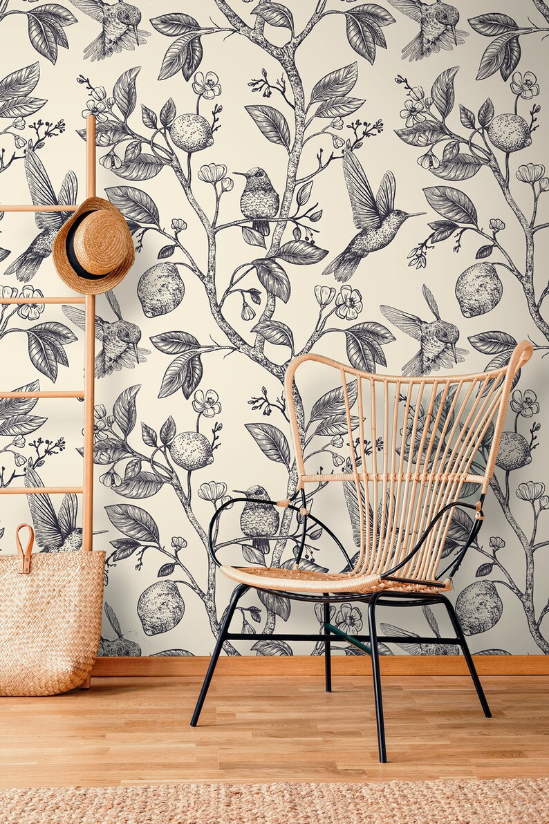 Vintage Removable Wallpaper Sketch Pattern With Hummingbirds Etsy