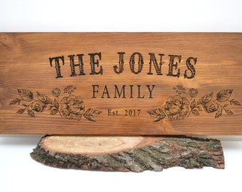 Personalized family sign, engraved wood sign in vintage style, rustic decor, housewarming gift, custom engraved