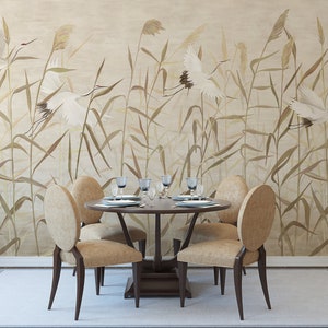 Flying storks wall mural, boho vintage wallpaper, removable, self adhesive, peel and stick wallpaper, retro wallpaper #349