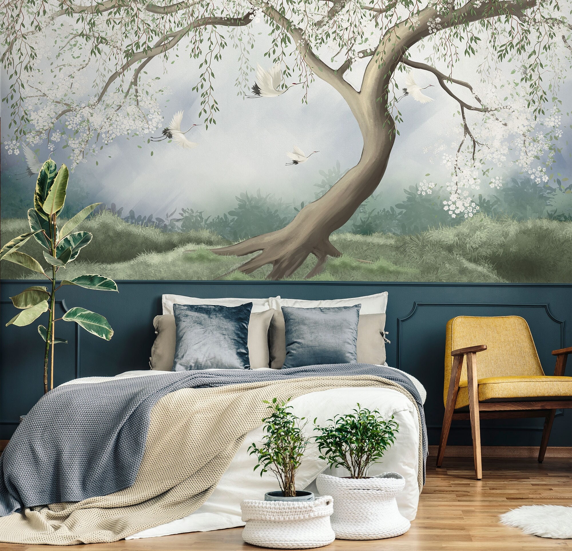 Vintage landscape wallpaper, tree and birds, self adhesive, peel and stick wallpaper, wall decor, removable peel and stick wallpaper #468