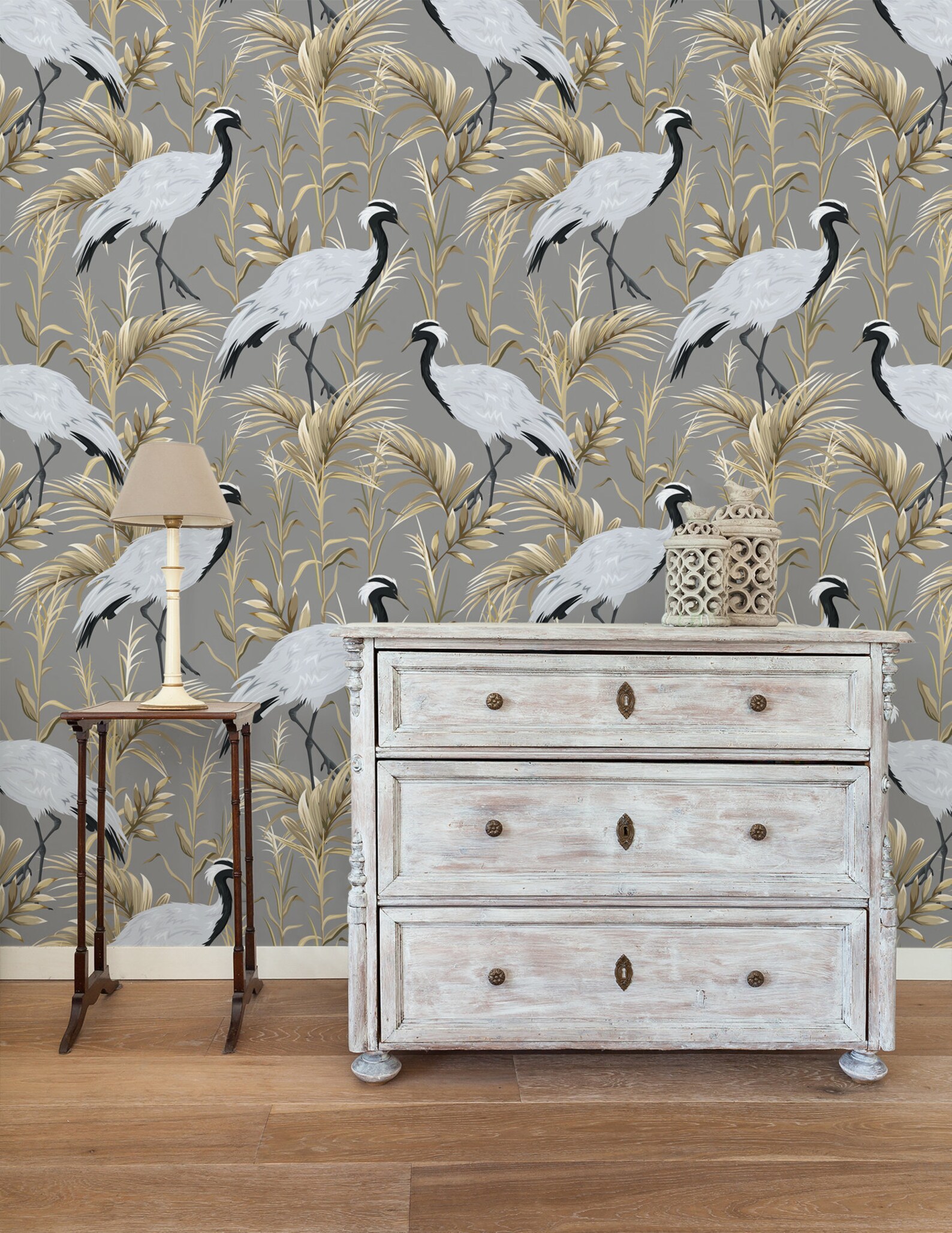 Cranes Wallpaper Mural With Floral Elements Peel and Stick - Etsy