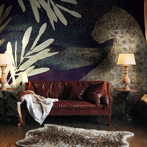 Dark tropical wall mural, landscape with the silhouette of a panther, wallpaper, peel and stick, self adhesive or regular wallpaper #730