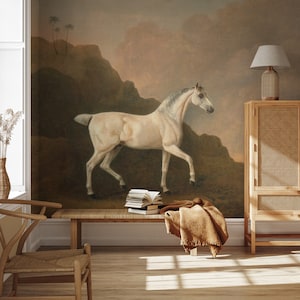 Mural de pared de caballo blanco, papel pintado escénico vintage, papel pintado de arte vintage, autoadhesivo, pelar y pegar, papel pintado extraíble o normal #753