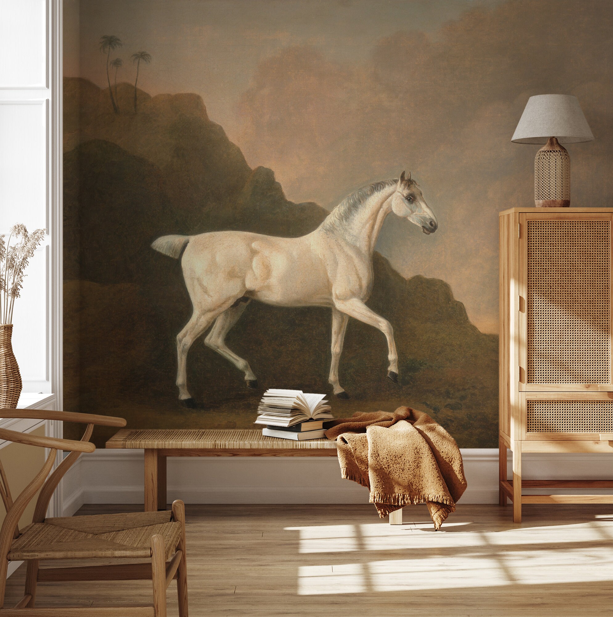 White horse wall mural, vintage scenic wallpaper, vintage art wallpaper, self adhesive, peel and stick, removable or regular wallpaper #753