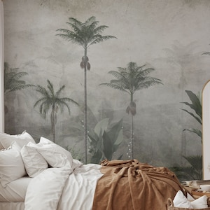 Scenic tropical wallpaper mural, self adhesive wallpaper, exotic trees vintage wallpaper, peel and stick, accent wall, wall decor #503