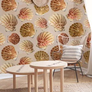 Shell vintage wallpaper with watercolor pattern, self adhesive, peel and stick wallpaper, removable peel and stick wallpaper #417