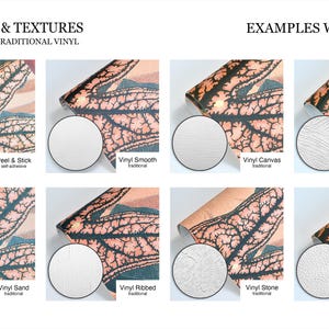 May include: A comparison chart titled MATERIALS & TEXTURES and EXAMPLES WITH PRINT showing eight types of vinyl wallpaper finishes. Each sample displays a leaf-vein pattern and a circular inset highlighting the specific texture: Peel & Stick, Vinyl Smooth, Vinyl Canvas, Vinyl Brush, Vinyl Sand, Vinyl Ribbed, Vinyl Stone, and Vinyl Leather.