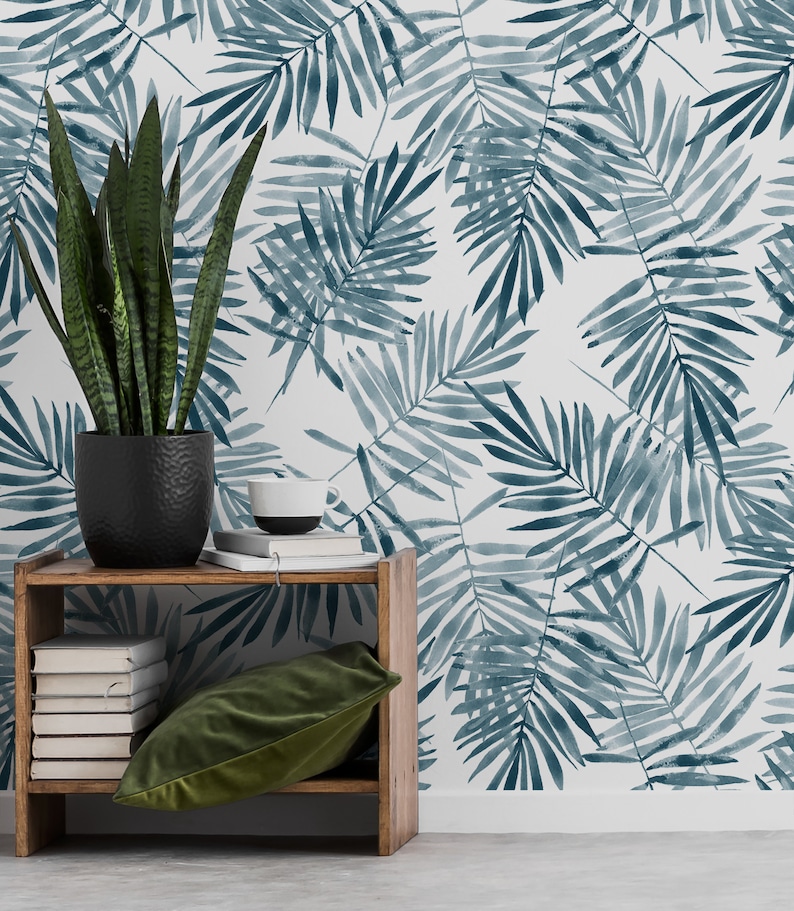 temporary tropical wallpaper removable wall decor #129 Blue palm leaf retro wallpaper peel and stick wall mural watercolor pattern