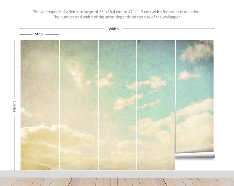 May include: Wallpaper featuring a sky with clouds in shades of blue, yellow, and white. The wallpaper is divided into strips of 23" (58.4 cm) to 47" (119 cm) wide for easier installation. The number and width of the strips depends on the size of the wallpaper.