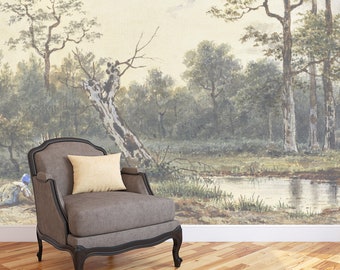 Vintage meerlandschapsschilderij muurschildering, retro behangpapier, zelfklevend landschapsbehang, vintage wanddecoratie