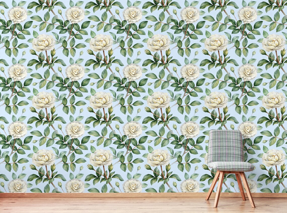 Blue Floral Wallpaper Peel and Stick Wall Mural With White | Etsy