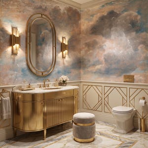 Peut inclure: Une salle de bain avec un meuble-lavabo doré au comptoir en marbre, un miroir ovale et deux appliques dorées. Les murs présentent une fresque de nuages au-dessus de lambris crème à bordures dorées. Un toilette blanc et un tabouret gris sont inclus.