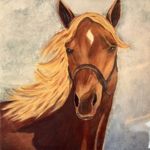 May include: A detailed painting of a horse's head, showcasing a brown coat and flowing blonde mane. The horse has a white diamond marking on its forehead and wears a dark brown bridle. The background is a soft, muted gray.