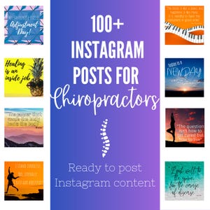 Peut inclure: Une collection numérique de plus de 100 publications Instagram pour chiropracteurs avec un fond dégradé violet central, du texte blanc, une icône de colonne vertébrale et huit vignettes carrées contenant diverses citations.